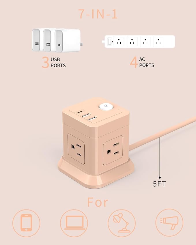 FDTEK Cube Power Strip with USB C, 4 Outlets 3 USB 5 FT Extension Cord Pink | - Image 3