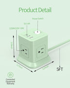 FDTEK Cube Power Strip USB C, 4 Outlets 3 USB 5 FT Extension Cord Green | Flat - Image 4