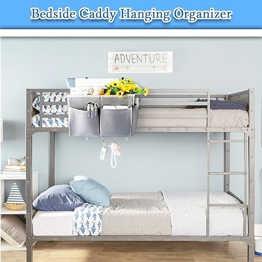 Bedside Caddy Organizer 5 Pockets 4 Hooks Bunk Bed 2Pack Grey | Hanging Storage - Image 3
