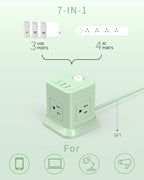 FDTEK Cube Power Strip USB C, 4 Outlets 3 USB 5 FT Extension Cord Green | Flat - Image 3
