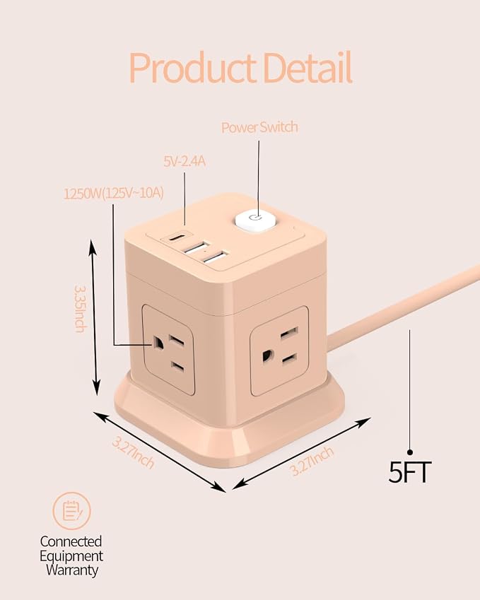 FDTEK Cube Power Strip with USB C, 4 Outlets 3 USB 5 FT Extension Cord Pink | - Image 4