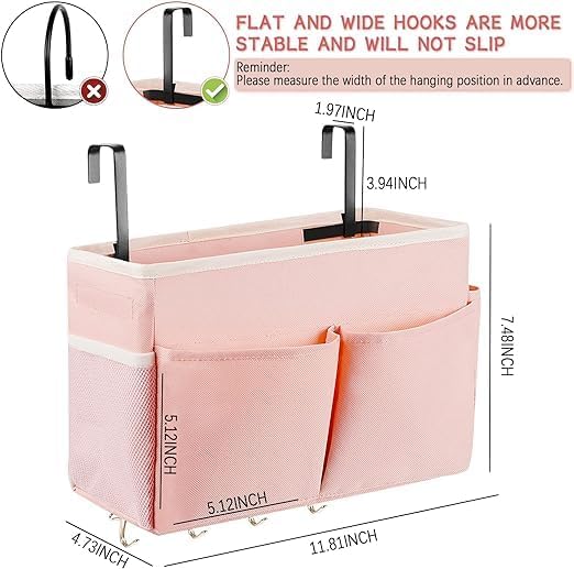 Bedside Caddy Organizer 5 Pockets 4 Hooks Bunk Bed 2Pack Pink | Hanging Storage - Image 2