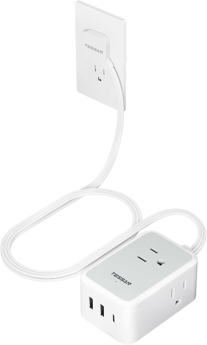 TESSAN Small Flat Plug Power Strip, Ultra Thin Extension Cord 3 ft, Wall Outlet by TESSAN
