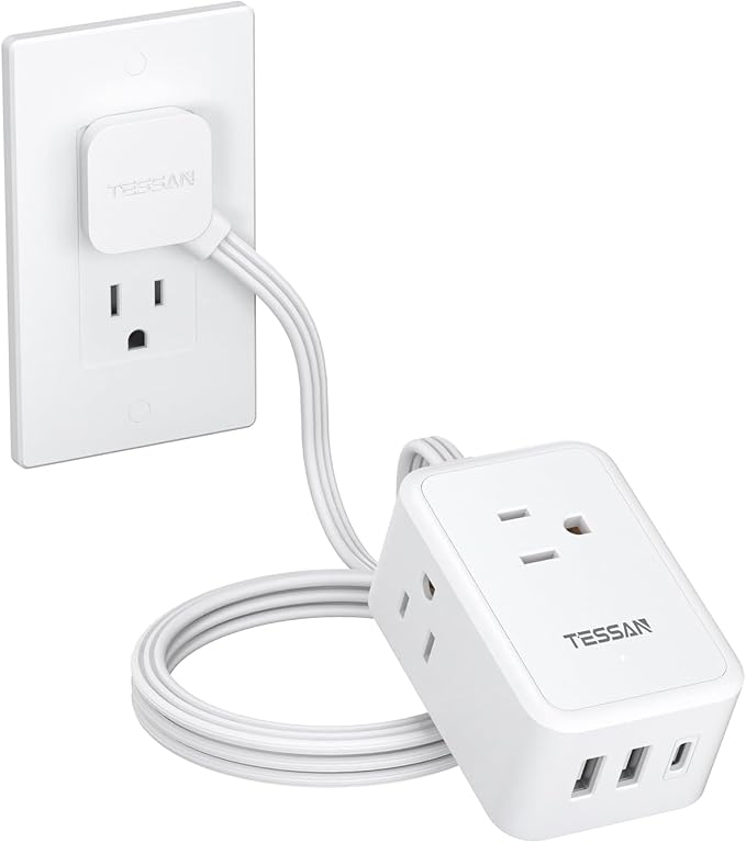 TESSAN Small Flat Plug Power Strip, Ultra Thin Extension Cord 5 ft, Wall Outlet by TESSAN