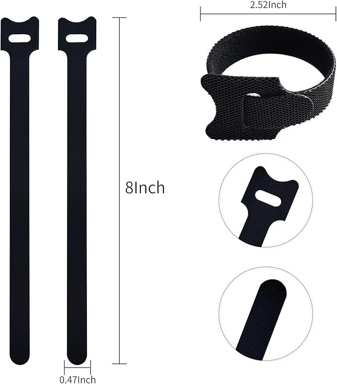 8 Inches 60 PCS Black Reusable Cable Ties, Cable Organizer, Cord Wrap and Hook - Image 2