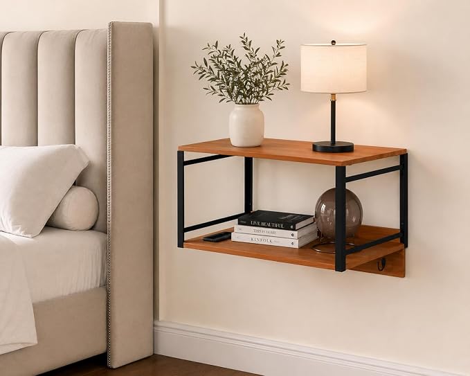 Wall Mounted Nightstand with Storage Shelf, Floating Bedside Table with Hooks by Unknown