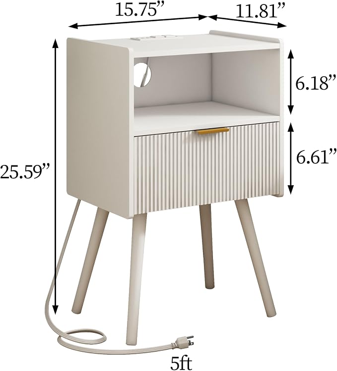 White Nightstand with Outlet, Modern Bedside Table with Storage Drawer and Open - Image 2