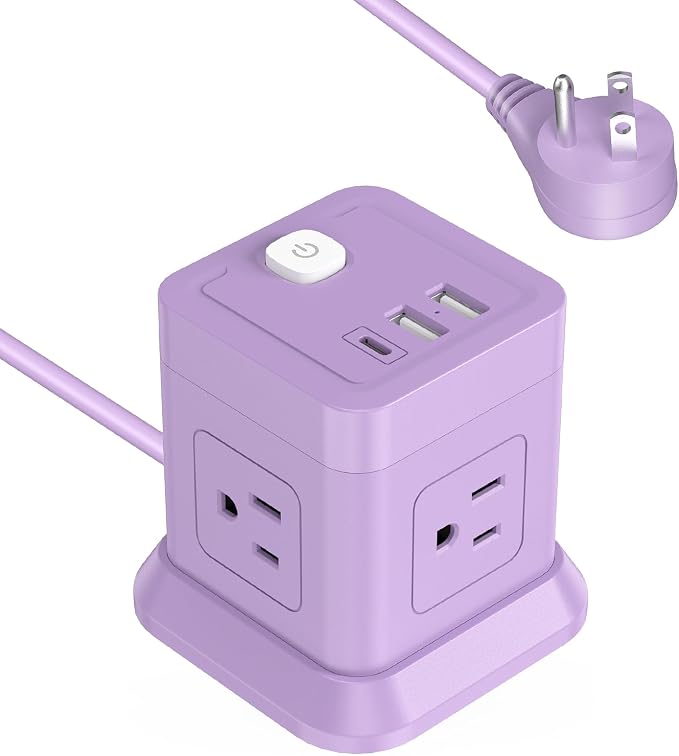 FDTEK Cube Power Strip USB C, 4 Outlets 3 USB 10 FT Extension Cord Purple | by FDTEK
