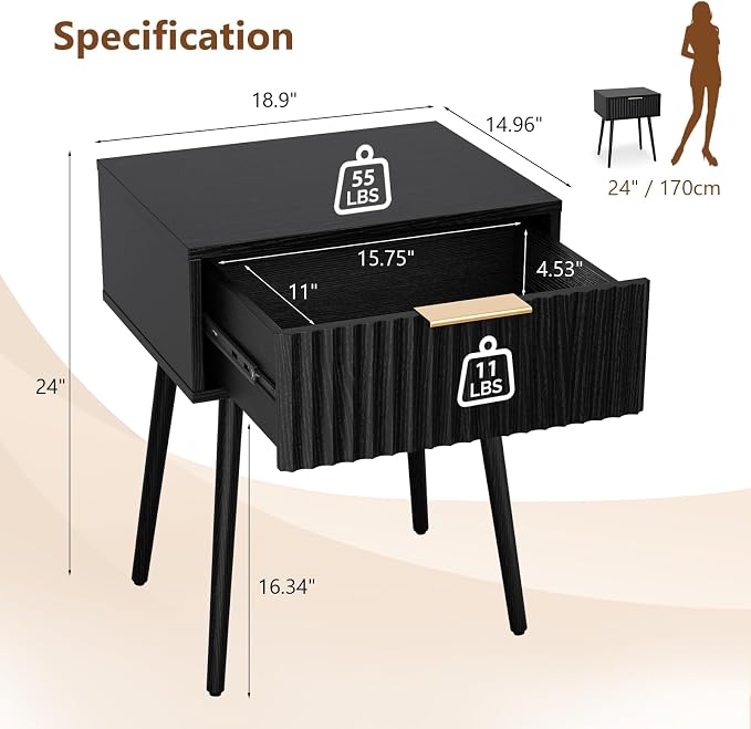 VINGLI Nightstands Set of 2, Fluted Night Stand - Image 2