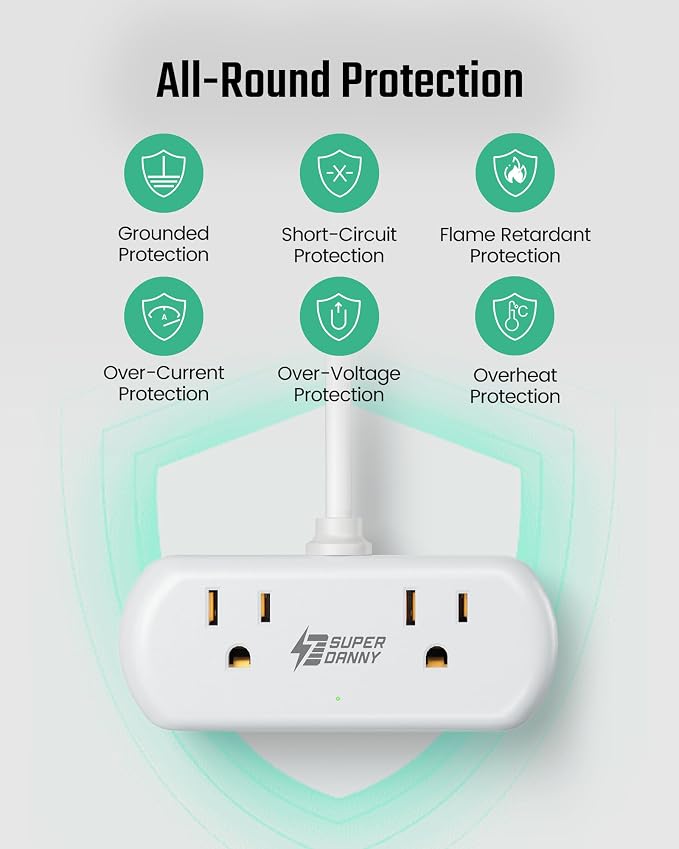 SUPERDANNY Mini Surge Protector, 2 Wide-Spaced Outlets Power Strip - Image 7