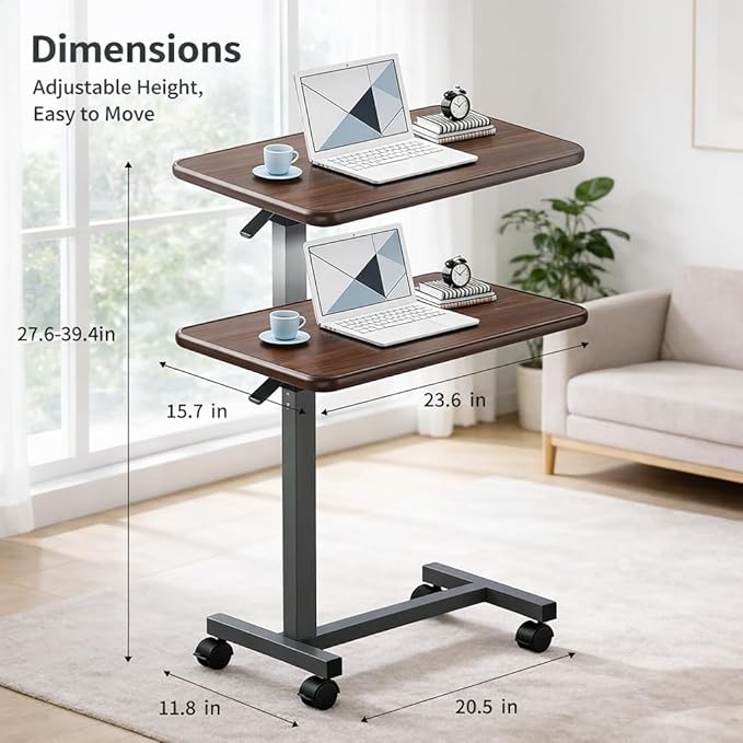 Adjustable Overbed Table with Wheels, Pneumatic Height Lift Rolling Bedside - Image 2