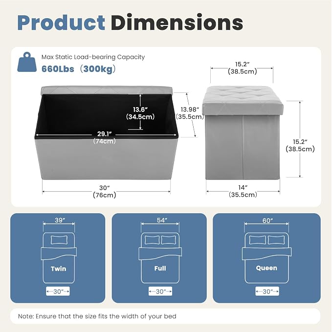 DUMOS 30 Inch Folding Storage Ottoman Bench, Large Hidden Storage Chest | - Image 3