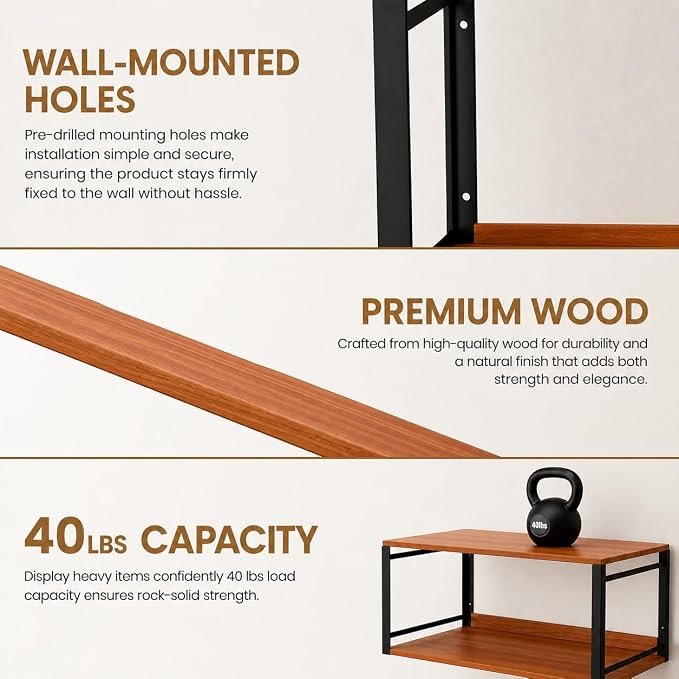 Wall Mounted Nightstand with Storage Shelf, Floating Bedside Table with Hooks - Image 7