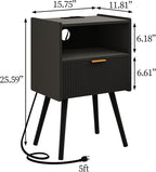 Black Nightstand with Outlet, Modern Bedside Table with Storage Drawer and Open - Image 2