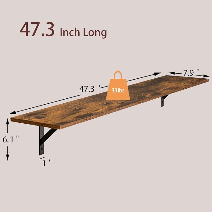 Long Wall Shelves, 47.3Inch Wooden Wall Mounted Shelves, Metal Brackets - Image 3
