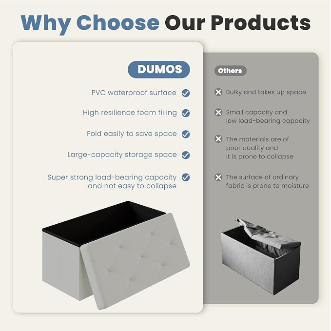 DUMOS 30 Inch Folding Storage Ottoman Bench, Large Hidden Storage Chest | - Image 7