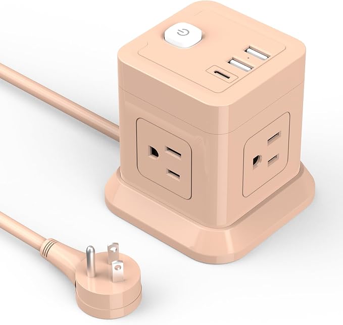 FDTEK Cube Power Strip with USB C, 4 Outlets 3 USB 5 FT Extension Cord Pink | by FDTEK