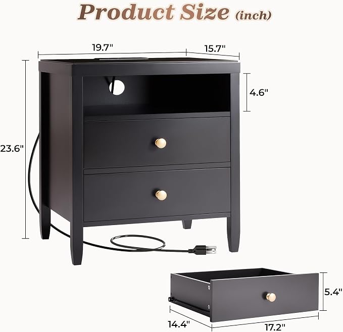 Huuger Nightstand with Charging Station, Bedside Table with Storage, Modern - Image 2