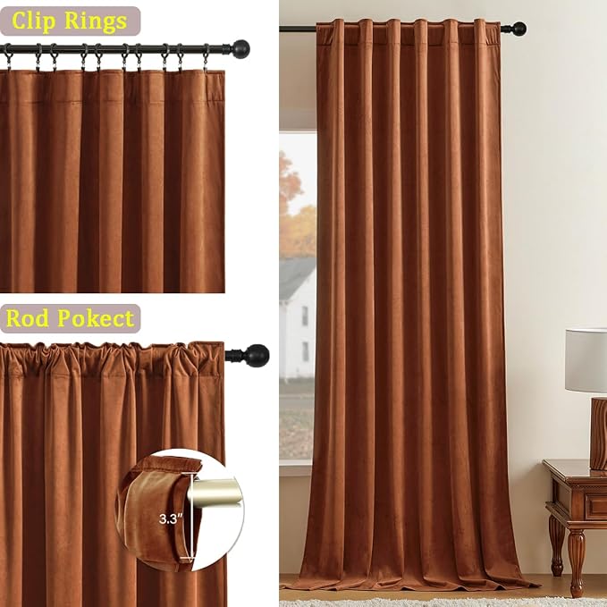 Timeper Burnt Orange Velvet Curtain W104 x L96 inches 1 Panel, Thermal - Image 2