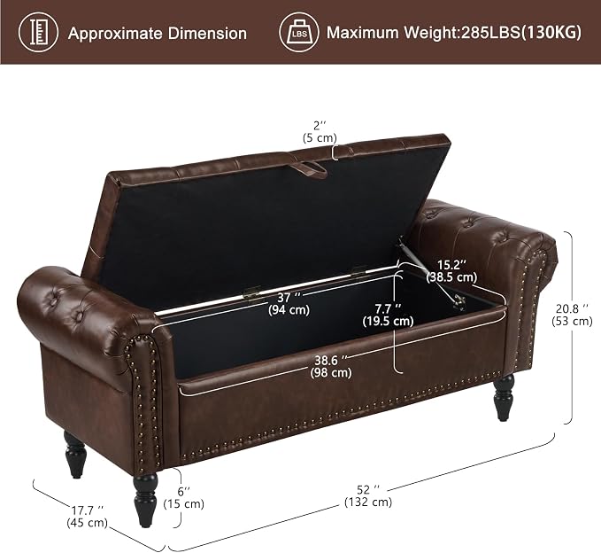 51” End of Bed Storage Bench, Bedroom Bench - Image 3