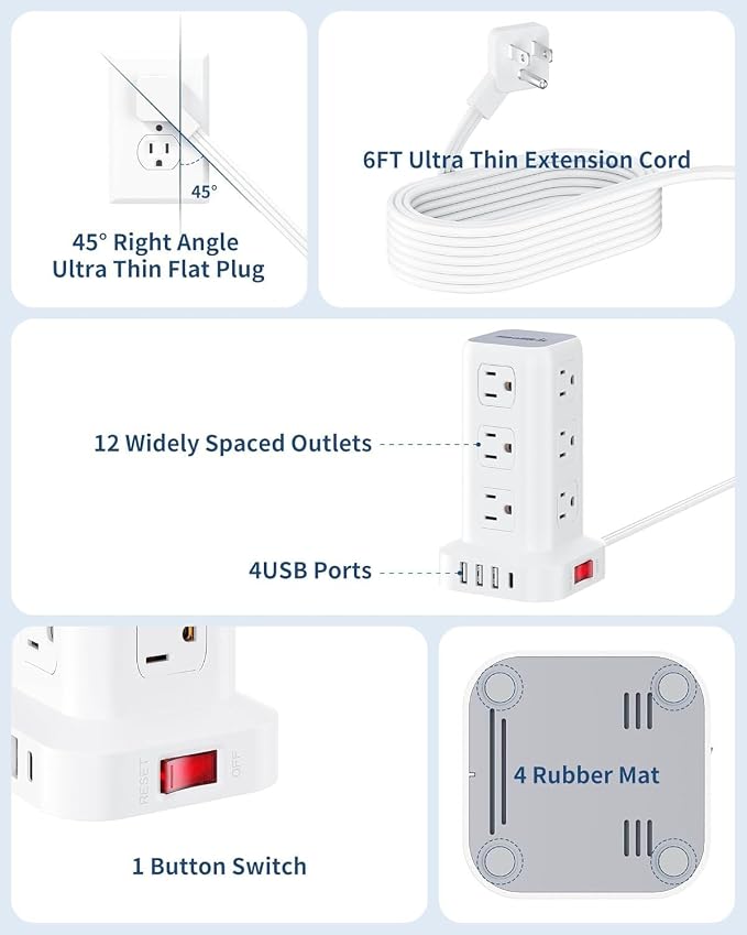 Extension Cord with Multiple Outlets, SMALLRT Flat Plug Power Strip Tower - Image 5