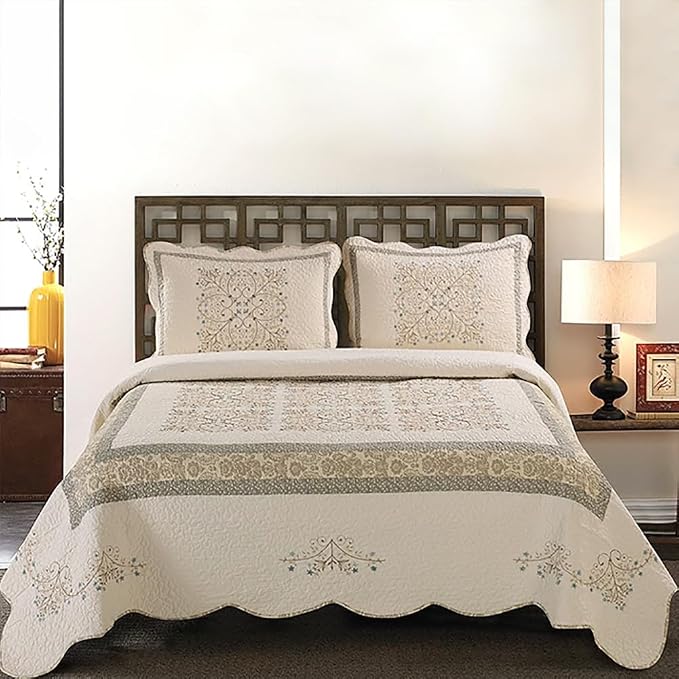ROOMLIFE Quilt Set Queen Size 3D Floral Embroidery Pattern 3-Piece Cotton by ROOMLIFE