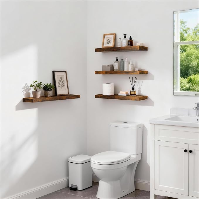 BAYKA Rustic Brown Floating Shelves 22.5in, 3 Pack, Wall Mount Wood Shelf | - Image 4