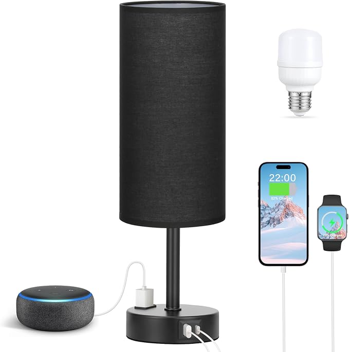 Black Bedside Lamp for Bedroom, Dimmable Touch, USB A+C, AC Outlet | 3-Way - Image 6