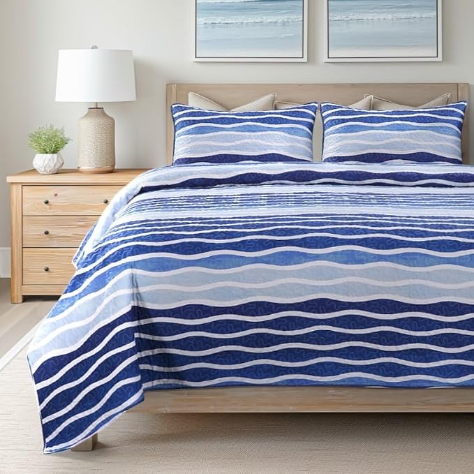 SLPR - Blue Wave Coastal Quilt Set, Nautical Bedding, Queen - Image 2