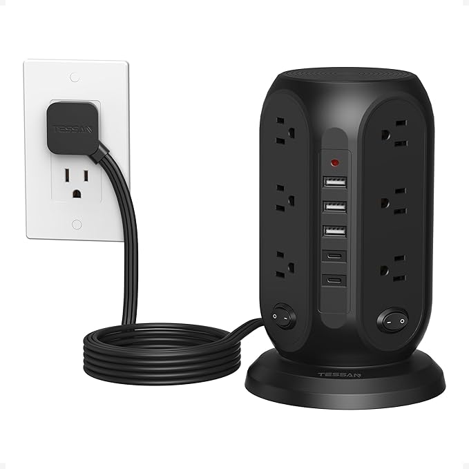 TESSAN Tower Power Strip Surge Protector, Flat Extension Cord 10 Ft, 5 USB Ports by TESSAN