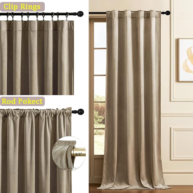 Timeper Taupe Velvet Curtains 96 inches 2 Panels, Light Blocking Curtains - Image 2