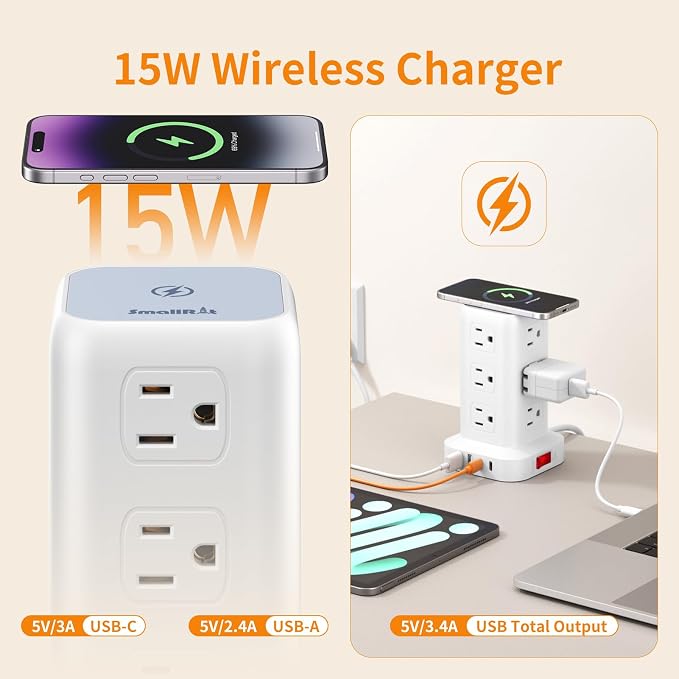 Extension Cord with Multiple Outlets, SMALLRT Power Strip Tower, Outlet - Image 3