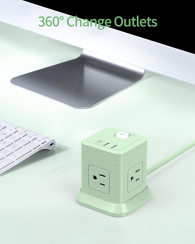 FDTEK Cube Power Strip USB C, 4 Outlets 3 USB 5 FT Extension Cord Green | Flat - Image 5