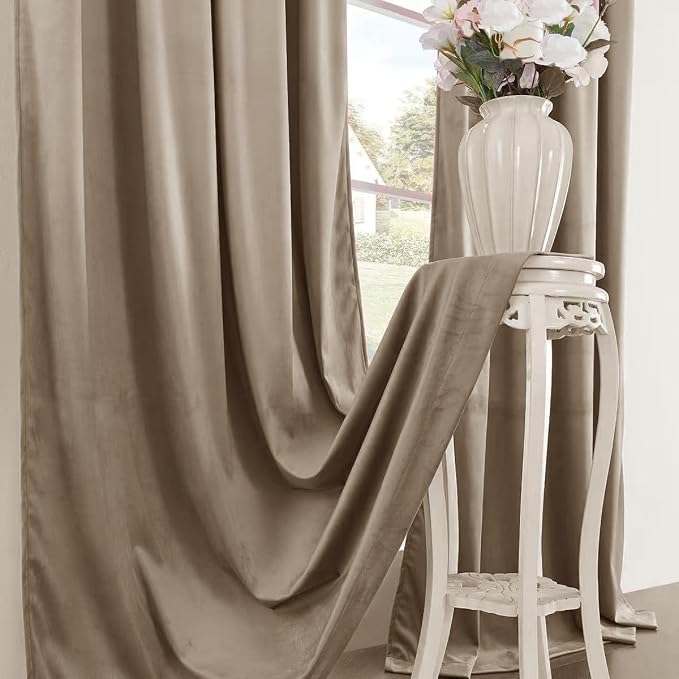 Timeper Taupe Velvet Curtains 96 inches 2 Panels, Light Blocking Curtains - Image 6
