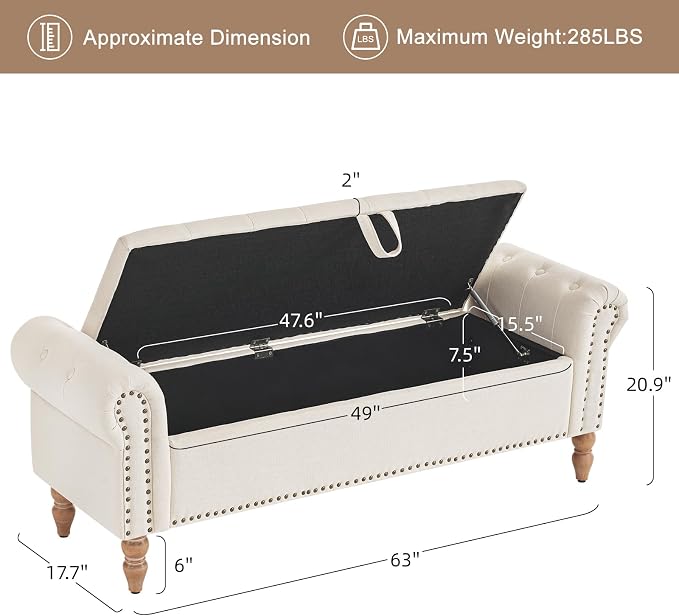 63” End of Bed Bench, Bedroom Bench - Image 3