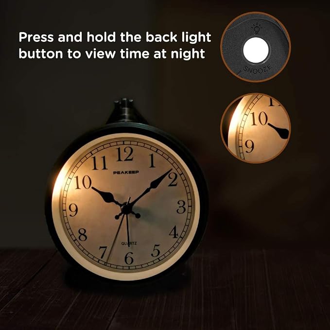 Peakeep 4" Small Battery Operated Analog Alarm Clock, Antique Retro Style | - Image 5