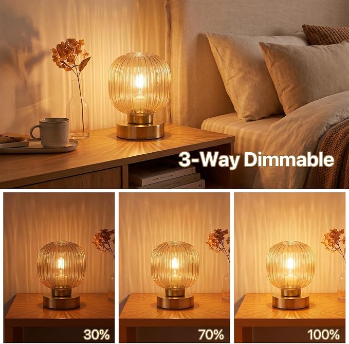 Elenhome Amber Touch Glass Table Lamp, 3-Way Dimmable Bedside Lamp, Vintage - Image 3