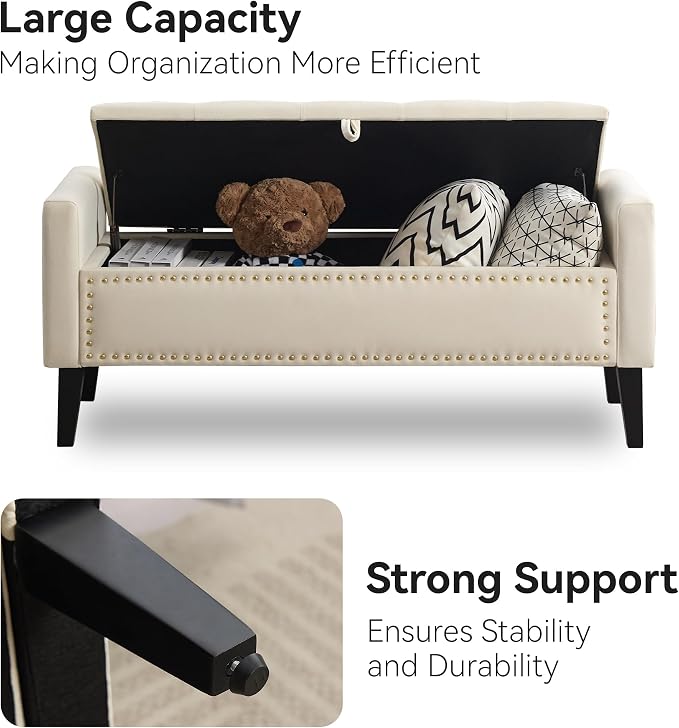 WUTUTUEE 47" Velvet Storage Bench, Upholstered Bed Bench - Image 4