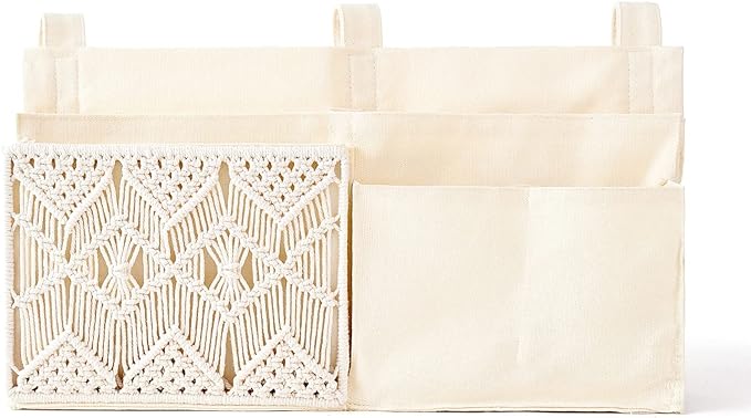 Mkono Bedside Caddy, Macrame Bunk Bed Hanging Organizer, 7 Pockets Ivory | Dorm by Mkono