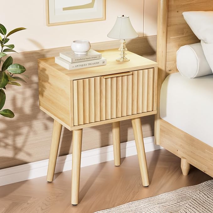 VINGLI Night Stand, Fluted Nightstand Wood, Mid Century Modern Nightstand - Image 6