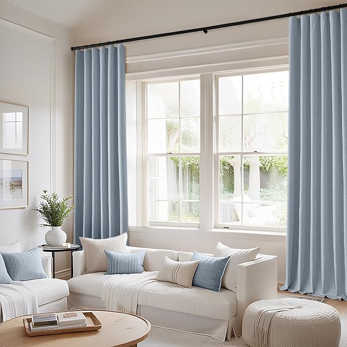 MIULEE 100% Blackout Back Tab Pleat Linen Curtains 50"Wx102"L, Chambray Blue | - Image 2