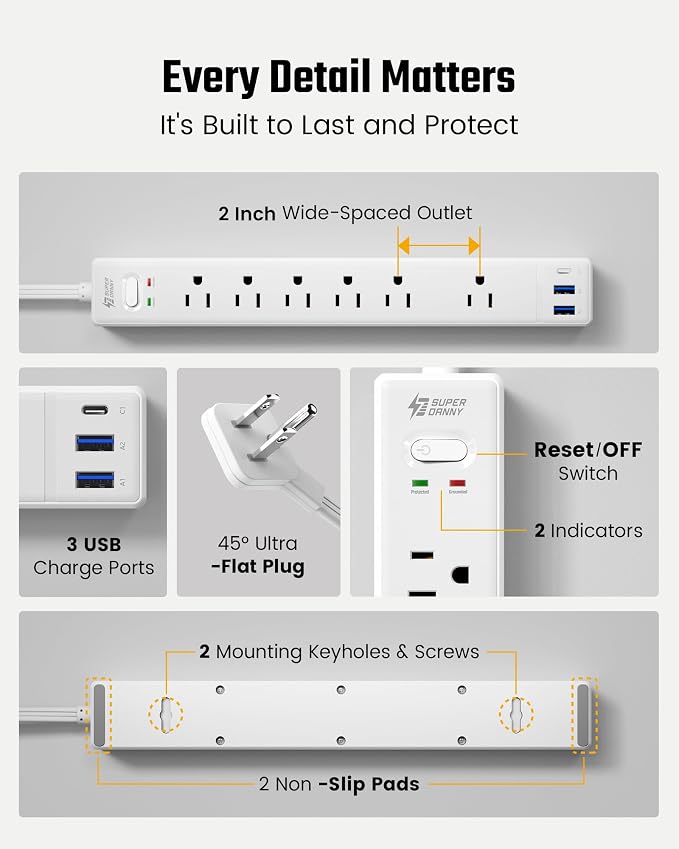 2 Pack 6Ft Extension Cord, SUPERDANNY Flat Plug Surge Protector Power Strip | - Image 7