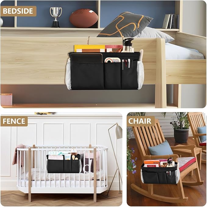 Black Bedside Caddy Storage Bag Bedside Organizer - Image 8