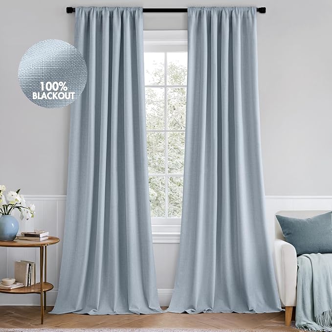 MIULEE 100% Blackout Back Tab Pleat Linen Curtains 50" Wx84 L, Chambray Blue | by MIULEE
