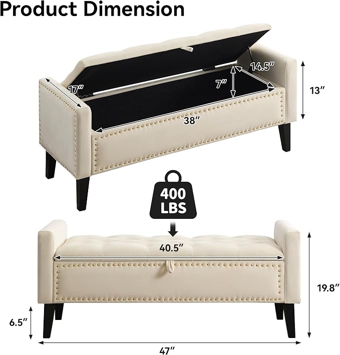 WUTUTUEE 47" Velvet Storage Bench, Upholstered Bed Bench - Image 2