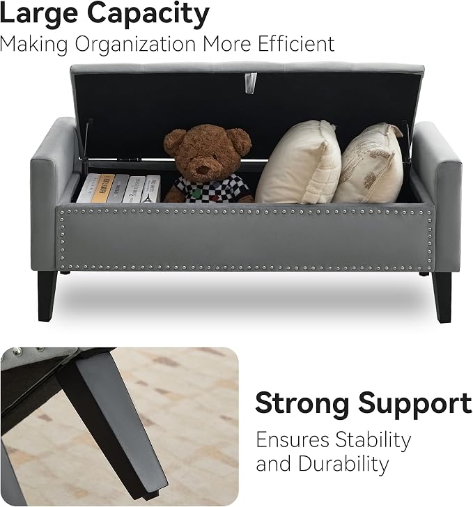 WUTUTUEE 47" Velvet Storage Bench, Upholstered Bed Bench - Image 4