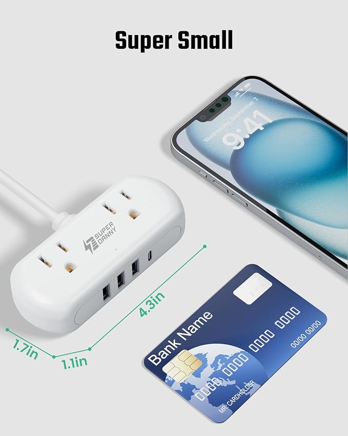 SUPERDANNY Mini Surge Protector, 2 Wide-Spaced Outlets Power Strip - Image 2