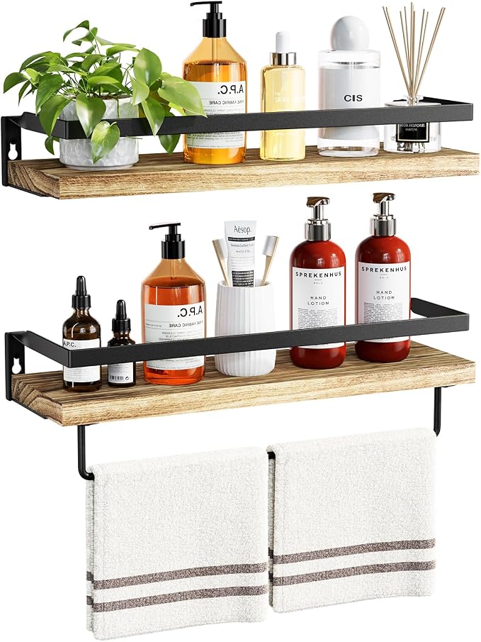 Amada Bathroom Shelves with Towel Bar, Light Brown | Floating Shelves with by AMADAHOMEFURNISHING