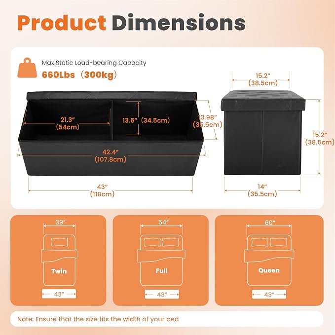Sweetcrispy 43 Inch Storage Ottoman Bench, Folding Ottoman - Image 3