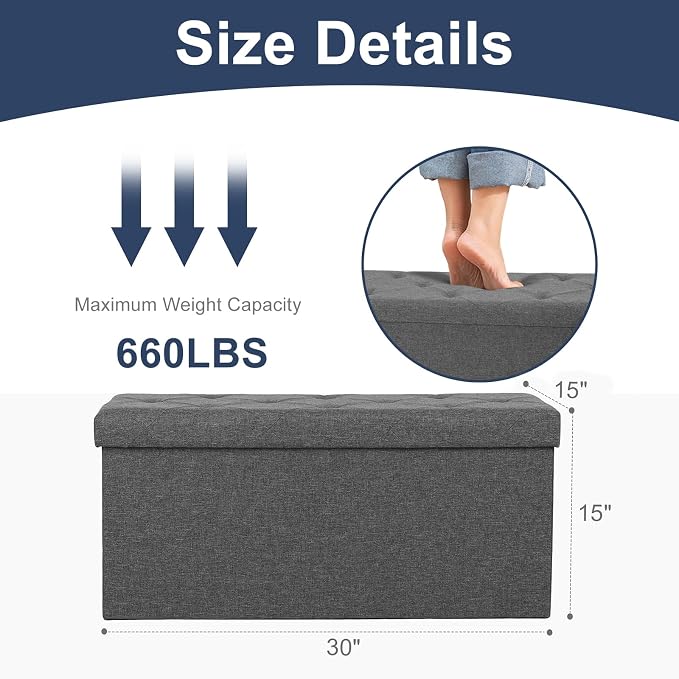 DUMOS 30 Inch Foldable Storage Ottoman Bench, Linen Fabric Hidden Storage Chest - Image 3
